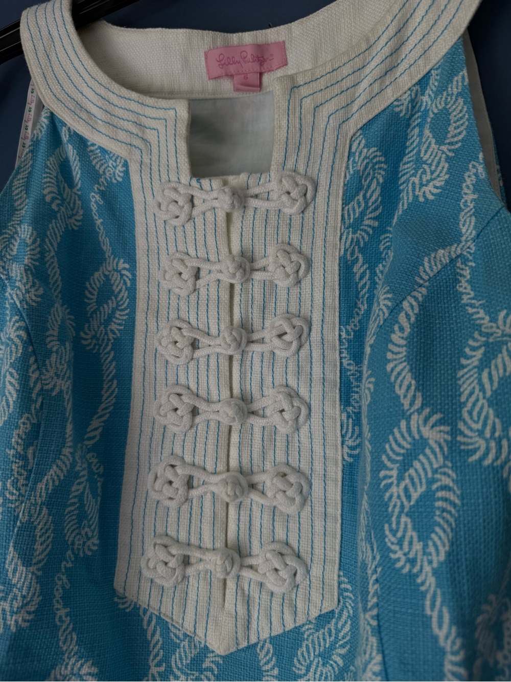 Lilly Pulitzer Row Your Boat Blue and White Rope Print Sleeveless Shift Dress - Picture 3 of 14